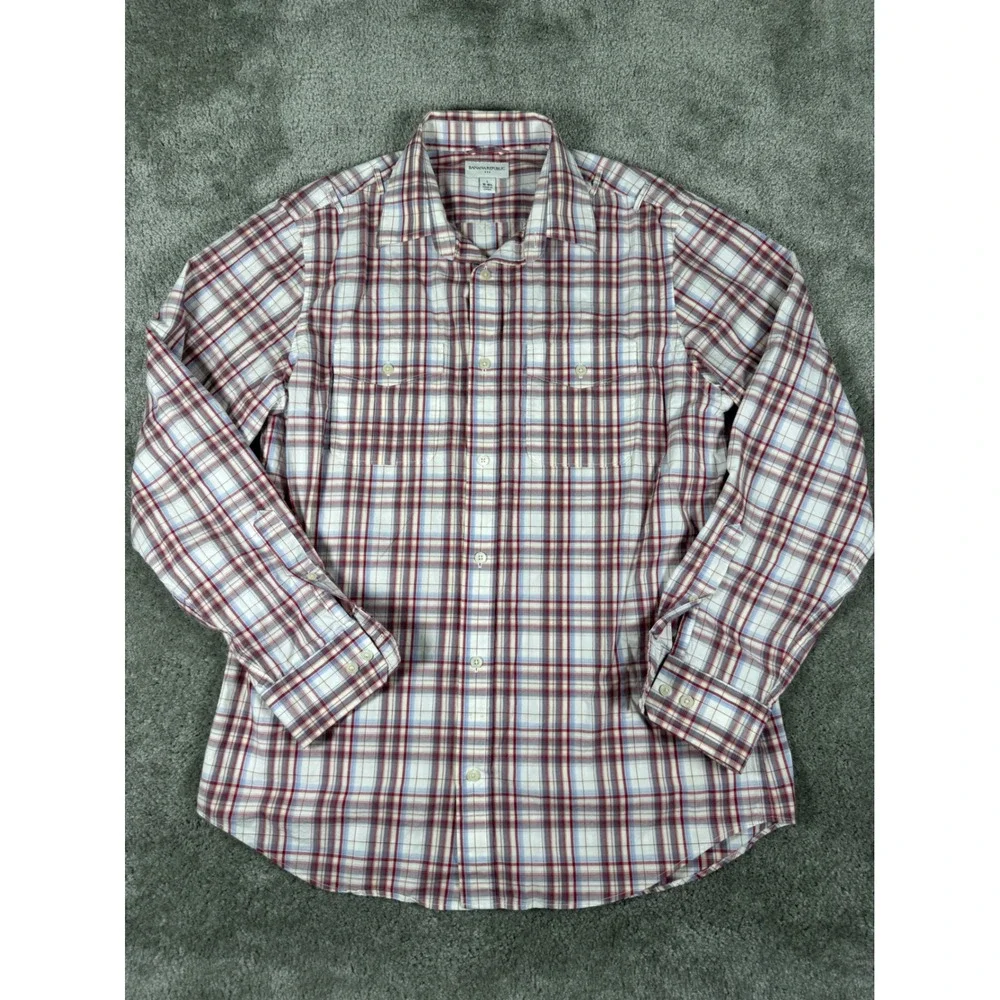Banana Republic Men Large Plaid Button Down Shirt Red White Blue Roll Tab Cotton
